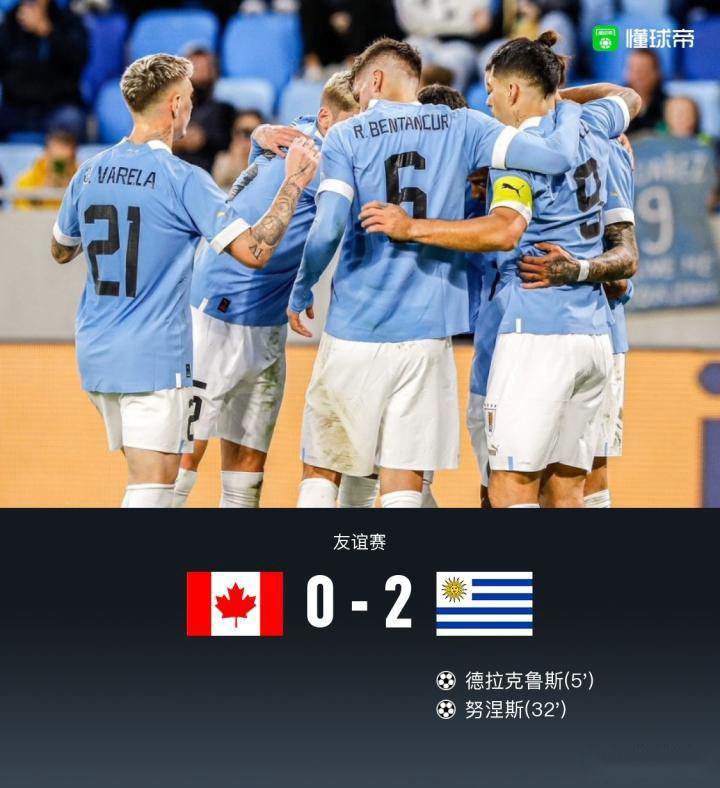  加拿大0-2乌拉圭，苏牙助攻努涅斯头球破门，德拉克鲁斯建功