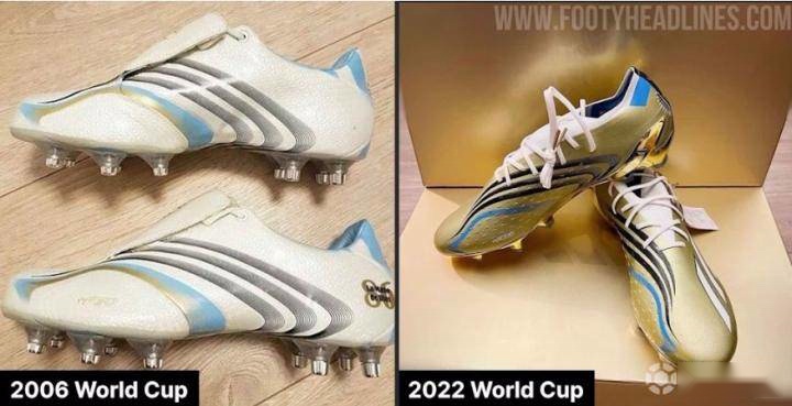  梅西卡塔尔世界杯战靴谍照：梦回2006，金色主体搭配蓝白条纹